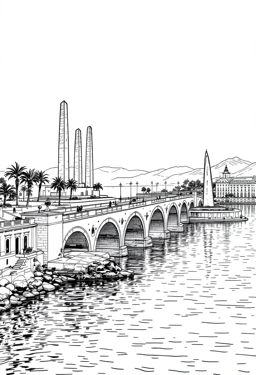 Pen-and-ink illustration: an arched bridge carrying the Algiers waterfront across to the Geneva lakefront and the Jet d'Eau